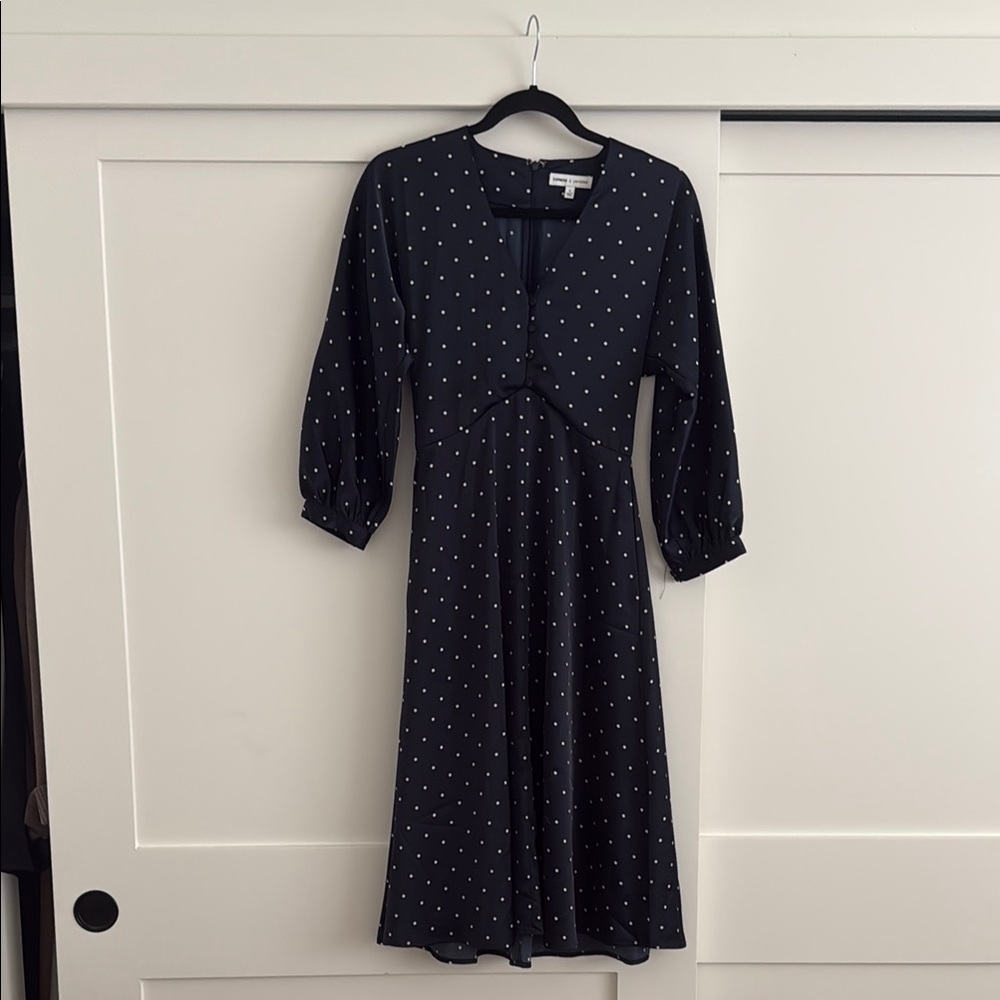 Elegant Navy Silk Polka Dot Dress